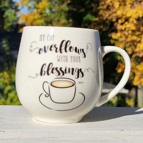 Set of 2 Ceramic Coffee Mug Double Sided My Cup Overflows With Your Blessings - Picture 10 of 14